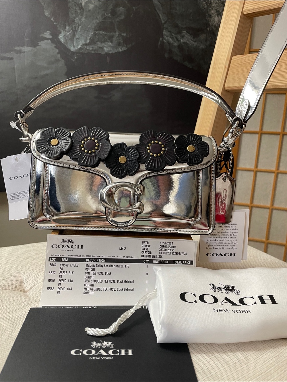 Coach Tabby 20 in Mirror Silver with Five Black Tea Roses NWT
